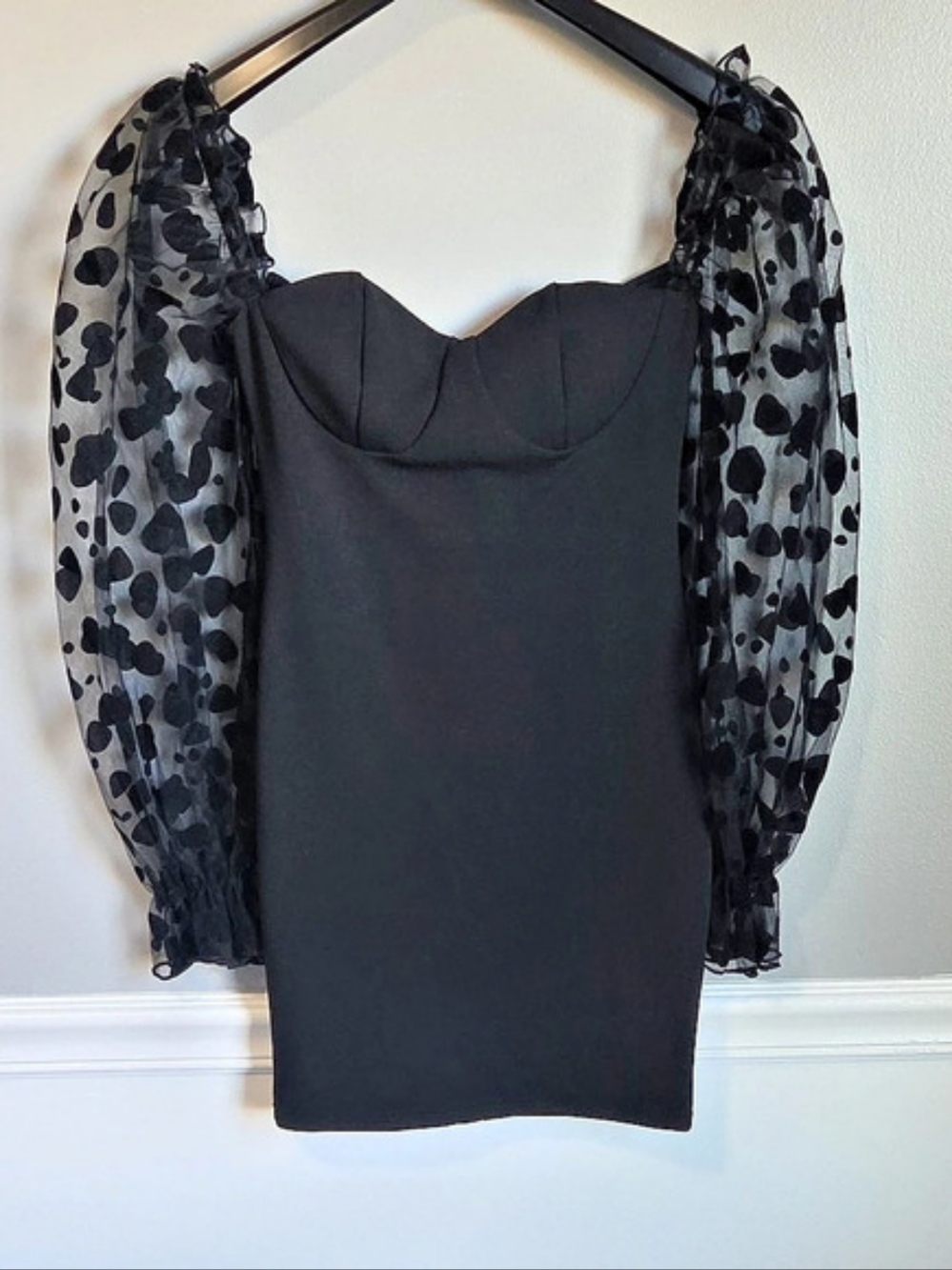 SHEIN Black Sheer Puff Sleeve Mini Party Dress Size XS Like New Sweetheart Neck